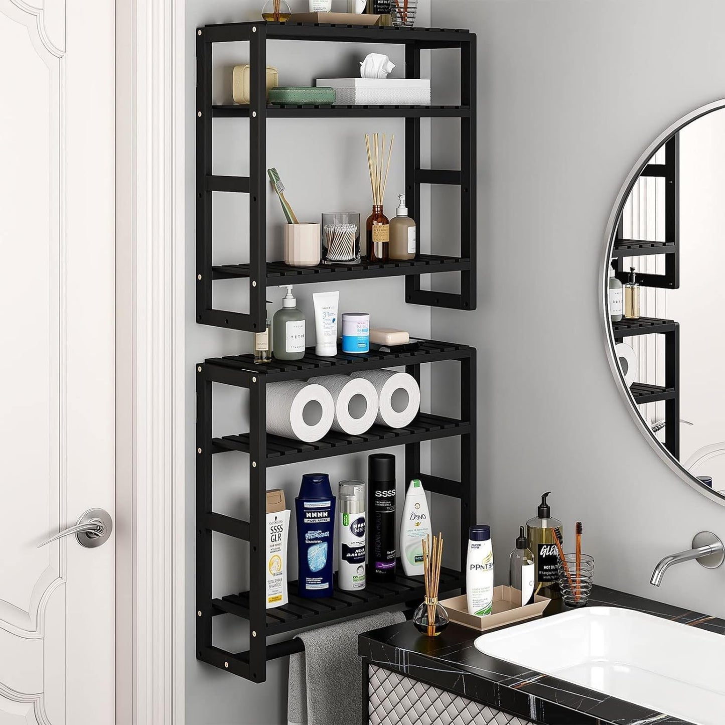 Galood Over The Toilet Storage Bathroom Shelves Wall Mounted Black Sets | 3 Tier Space Saver Corner Shelf Organizer