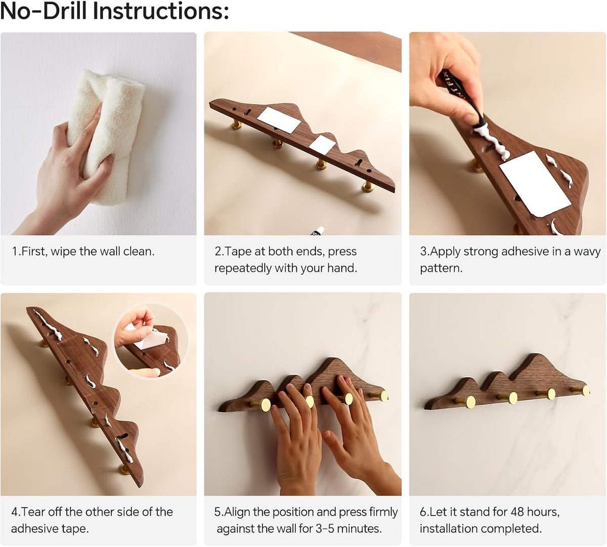Wall Coat Rack, Walnut Wood, 4 Hooks | Elegant, Solid Coat Hanger Wall Mount, 4 Brass Hooks, Moisture-Resistant Wax Oil