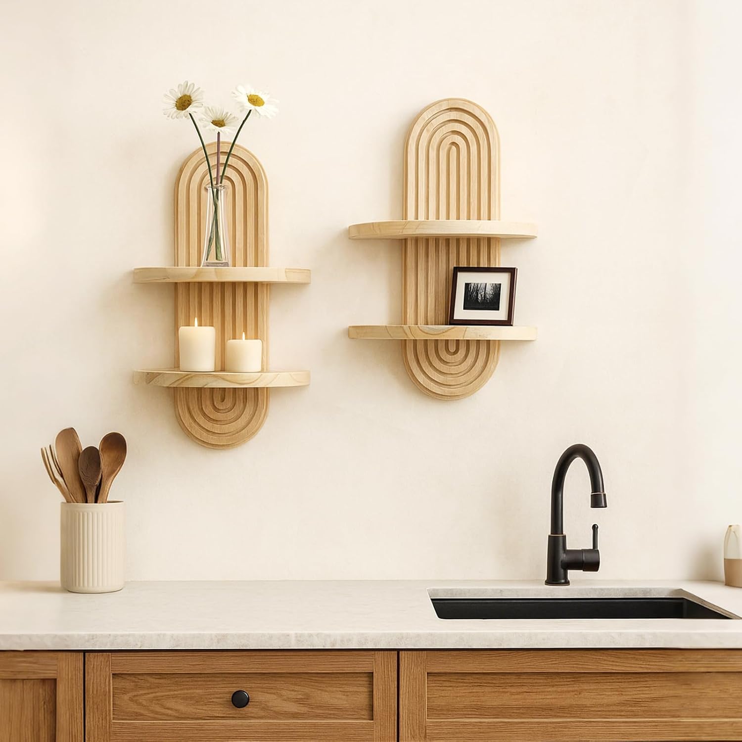 Shelf Wall Decor Boho Wood Floating Shelves Plant Holder 2-Tier Trinket Storage / 2 Beige / Set of 2
