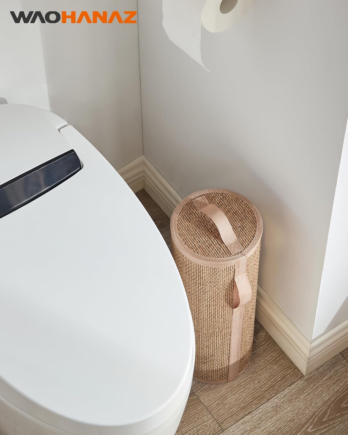 Bamboo Toilet Paper Storage Basket with Lid & Handle - 10L Handwoven Bathroom Organizer for 4 Rolls - Sturdy Stand
