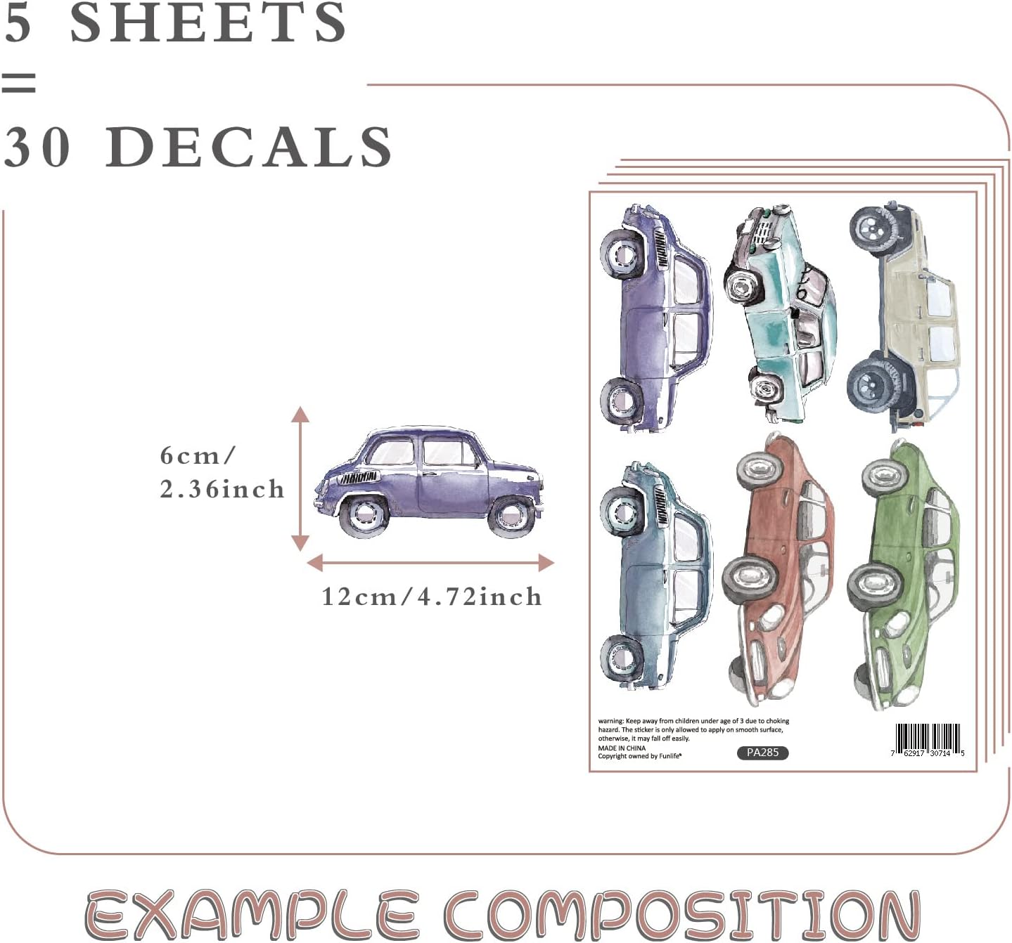 Boy Wall Decals Peel and Stick / Multicolor Cars / Set of 30