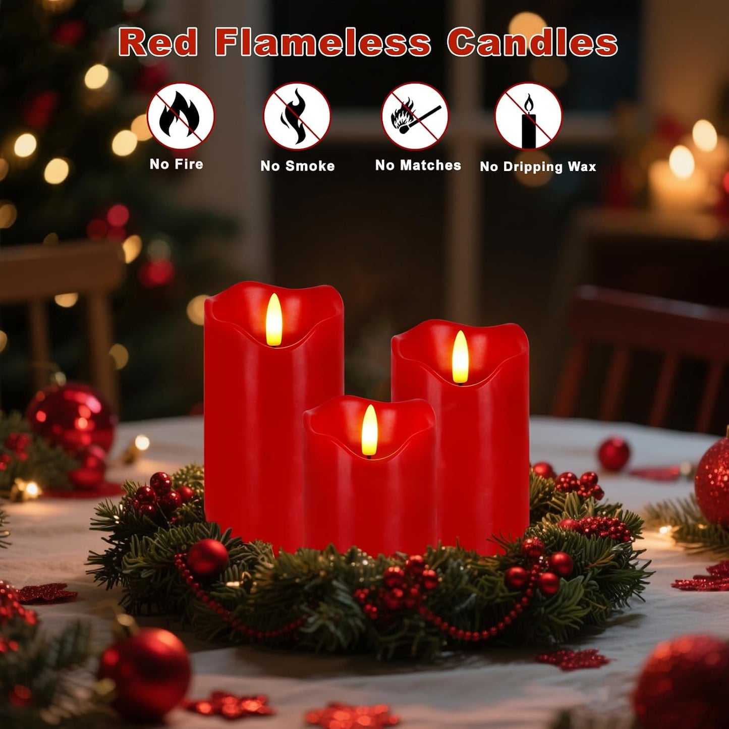 Red Flameless Candles Set of 3, Christmas LED Candles with Remote & Timer | Flickering Real Wax Pillar Candles Battery