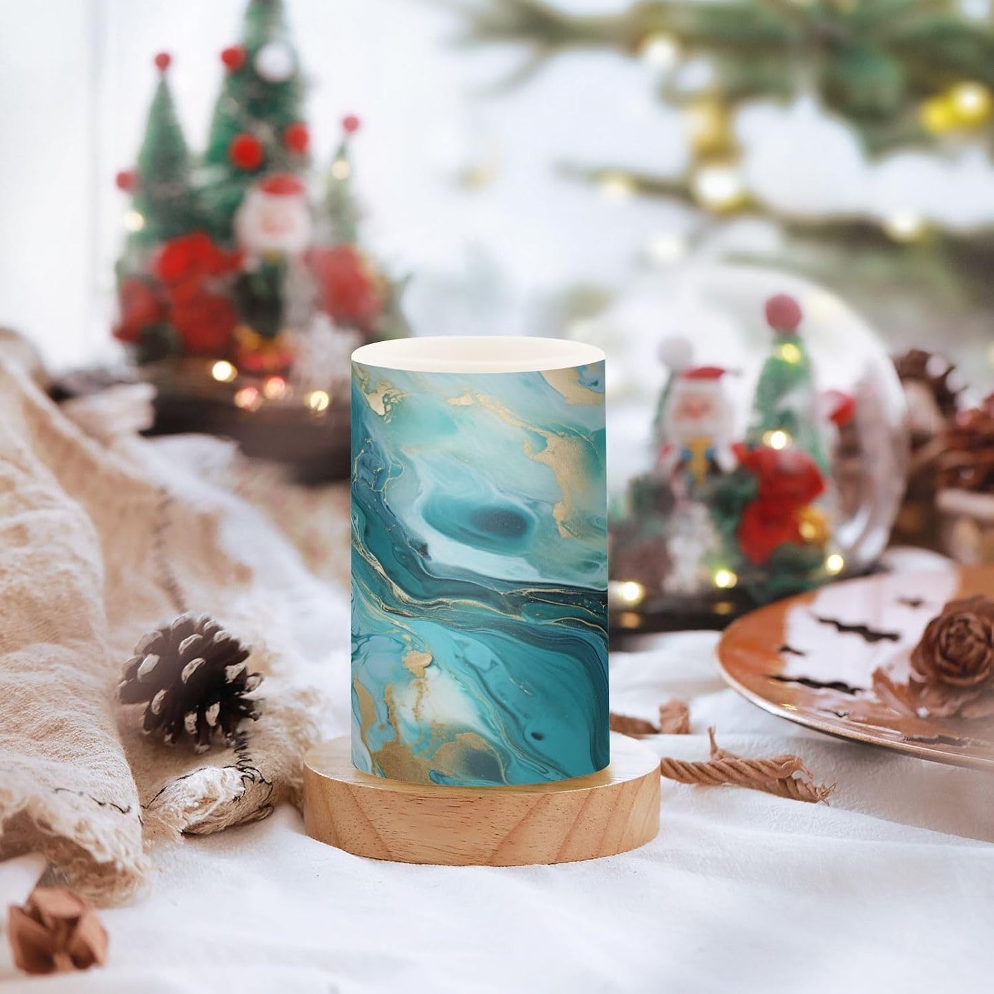 Flickering Flameless Candles, Turquoise Blue Marble Texture LED Candles with Remote Timer, Set of 2 Battery Operated