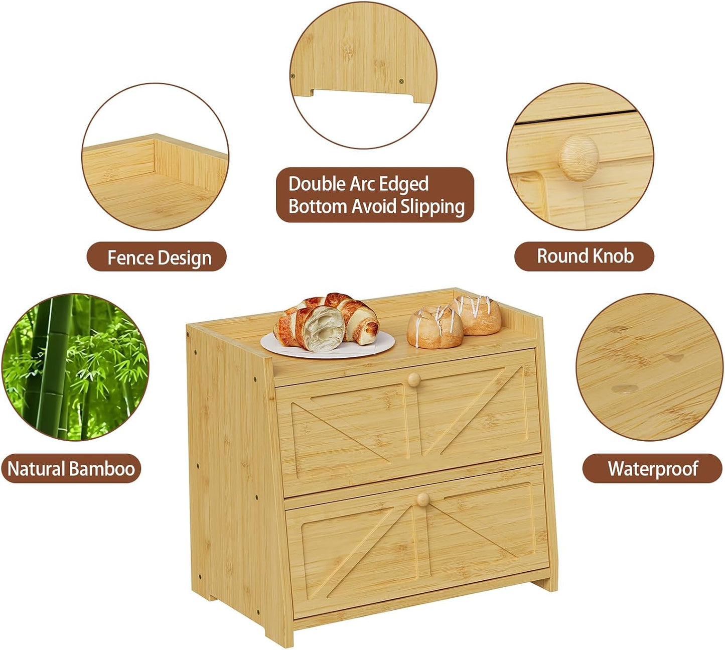 Trironsun Vintage Double Layer Bread Box for Kitchen Counter Bamboo Bread Storage Container Large Capacity Bread