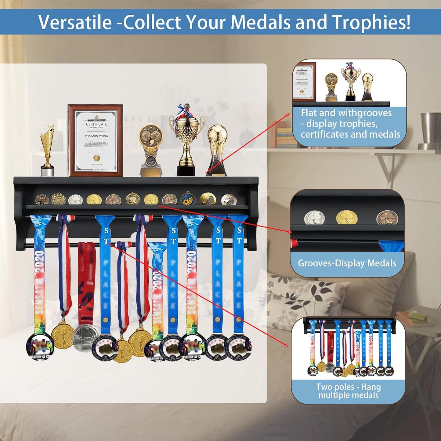 IHEIPYE Medal Hanger Display Shelf Medal Rack Display Holder Black | Solid Wood，Wall Mount, Runners, Marathon, Race