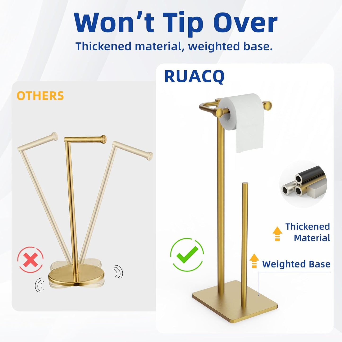 RUACQ Bathroom Toilet Paper Holder Stand with Storage, Brushed Gold | Pivoting Free Standing Toilet Roll Holder, Holds