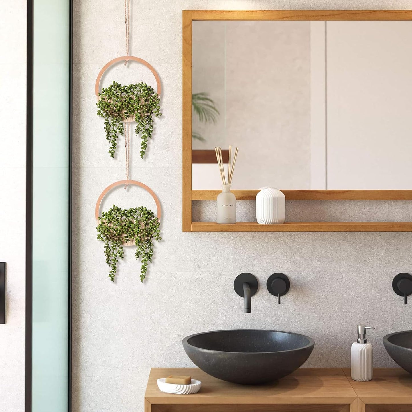 Fake Hanging Plants Artificial Succulents Hanging Planter Artificial String / Wooden / Set of 2