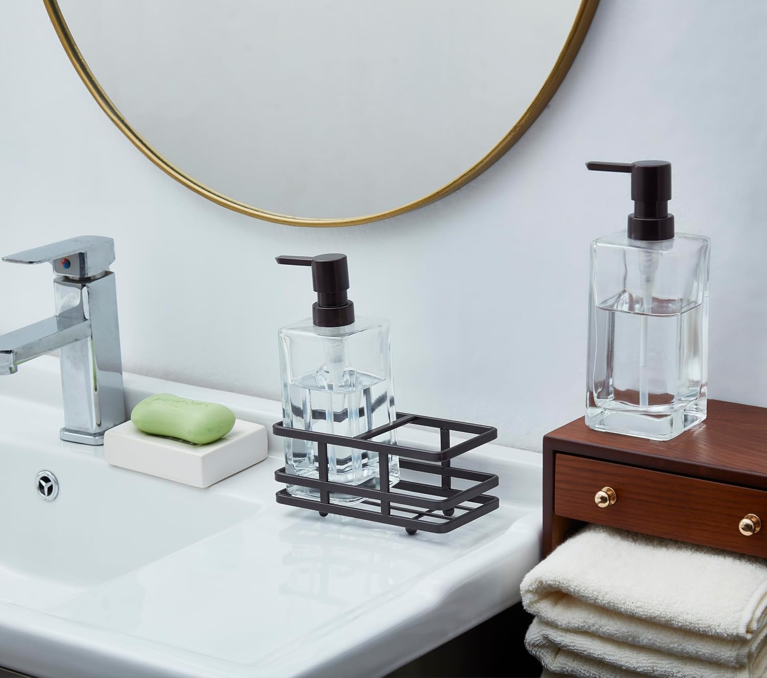 Square Glass Clear Lotion and Soap Pump Dispenser Set with Metal Stand Caddy for Bathroom Bath Kitchen Home Office
