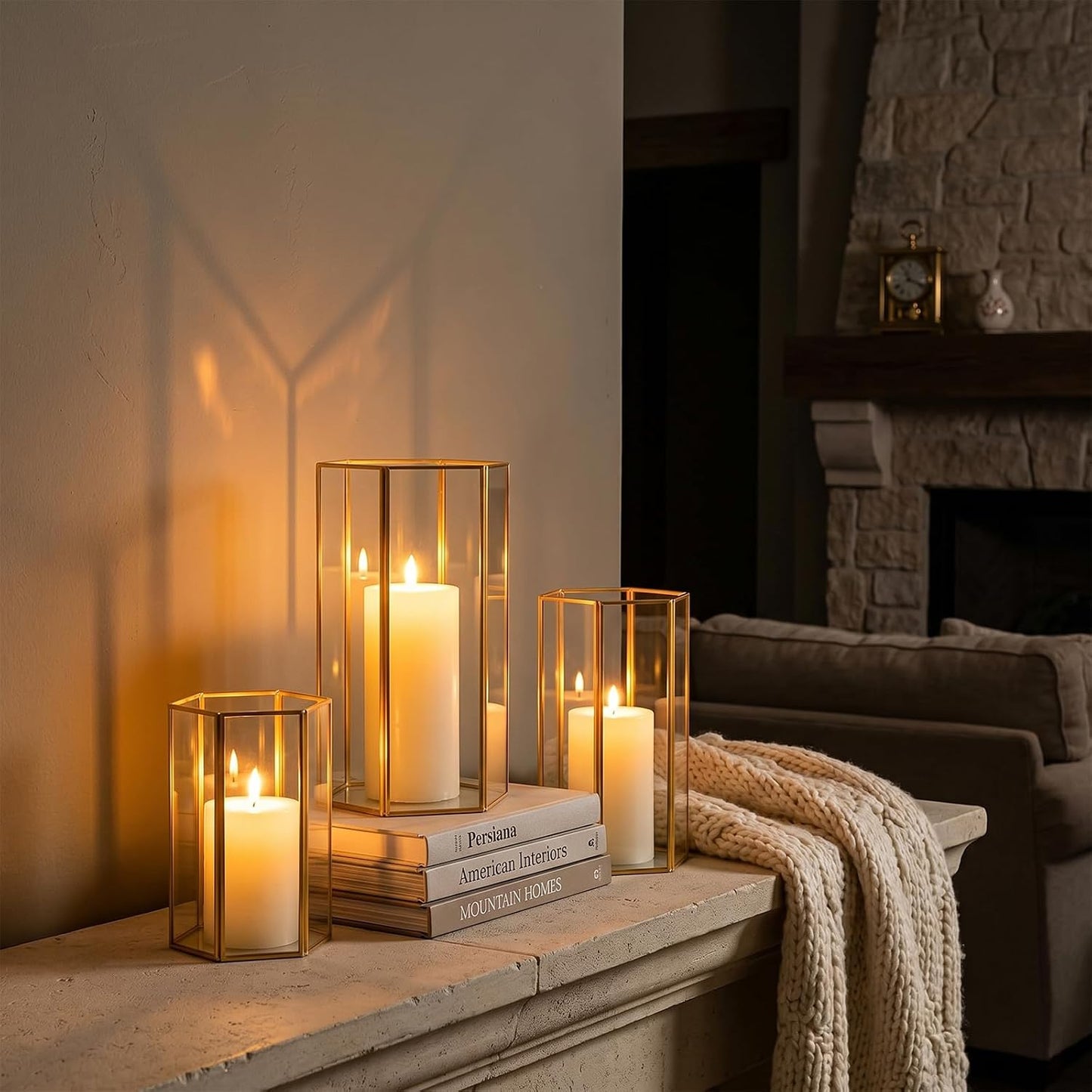 Gold Glass Hurricane Candle Holder Set of 3 Large Clear Hexagon Lanterns | Pillar Candle Lantern with Gold Metal Frame