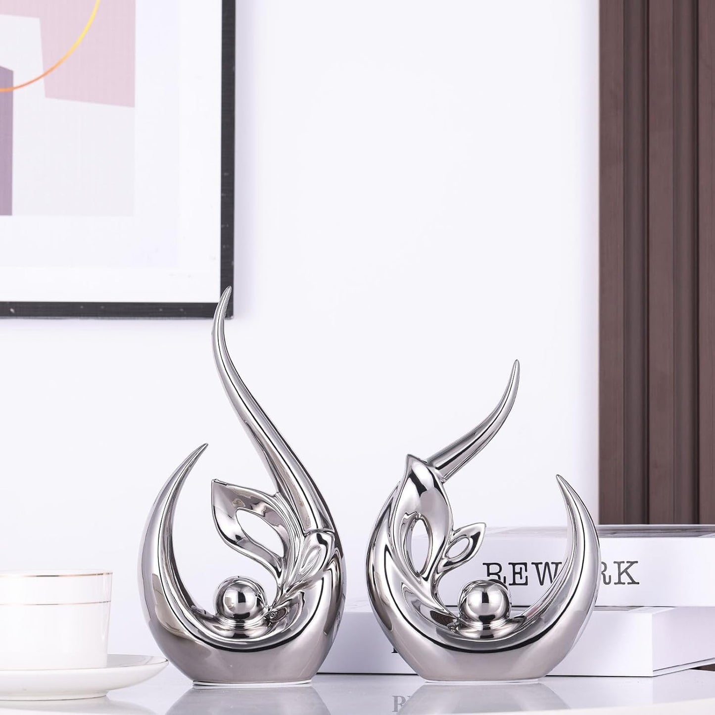 Ceramic Statues / Abstract Art Mid Century Modern Decor / Silver