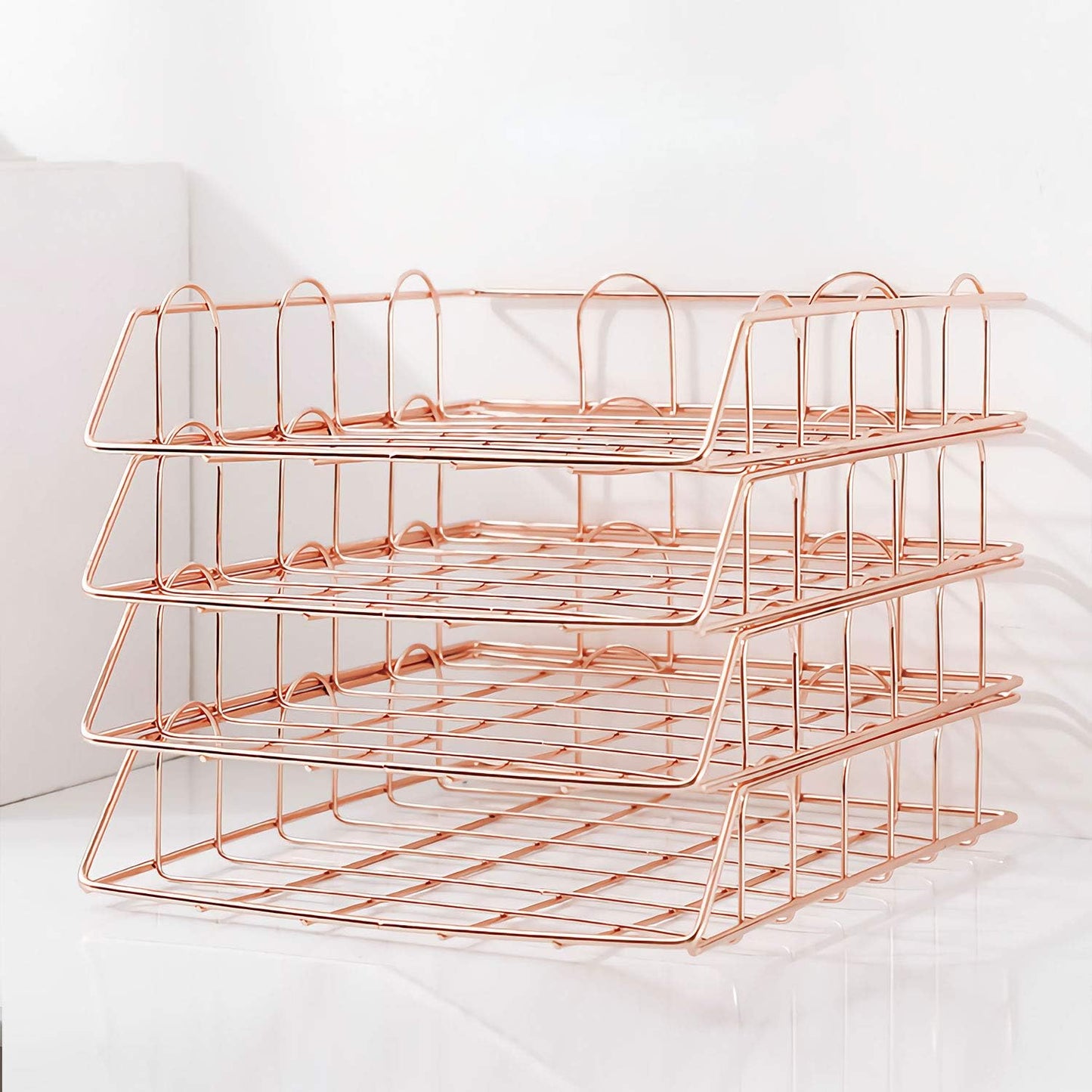 Rose 4-Tier Stackable Paper Tray Desk Organizer | Workspace Decorative Stacking Rack Supplies Holder, Metal Letter