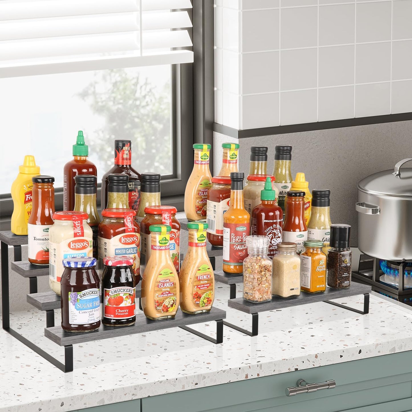 YINMIT Wooden Display Riser Stand, Tiered Perfume and Cologne Organizer Stand, 4 Tier Spice Rack Organizer, Rustic
