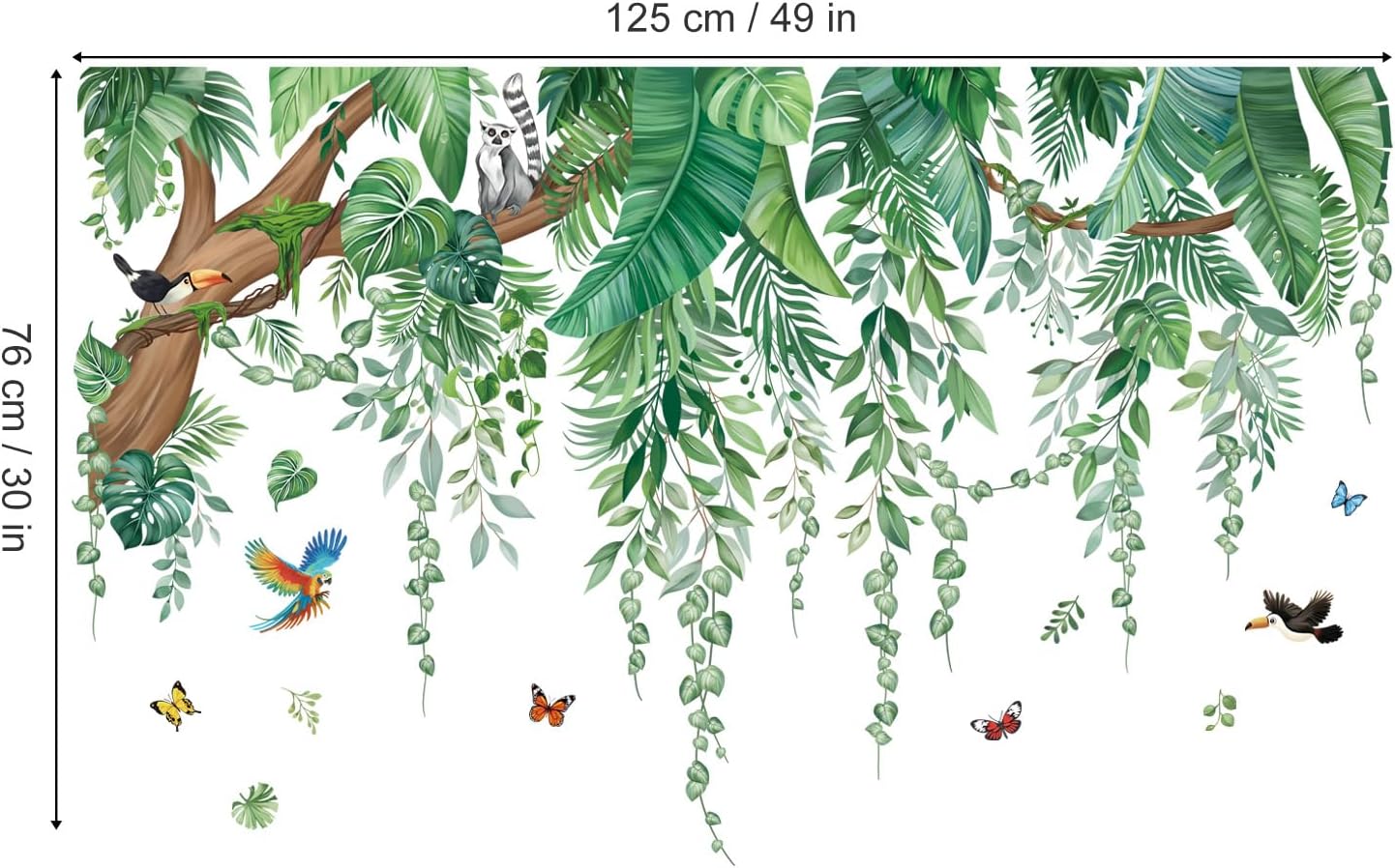 Large Tropical Leaves Wall Stickers Hanging Vines Palm Tree Peel and Stick Wall Art Decals / Green