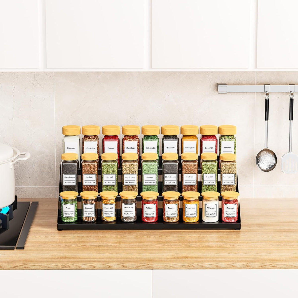 RCHYFEED 3 Tier Spice Rack Organizer for Cabinet,Expands 13.4 to 21.8 Inch | Black, Height Adjustable Metal Spice Rack