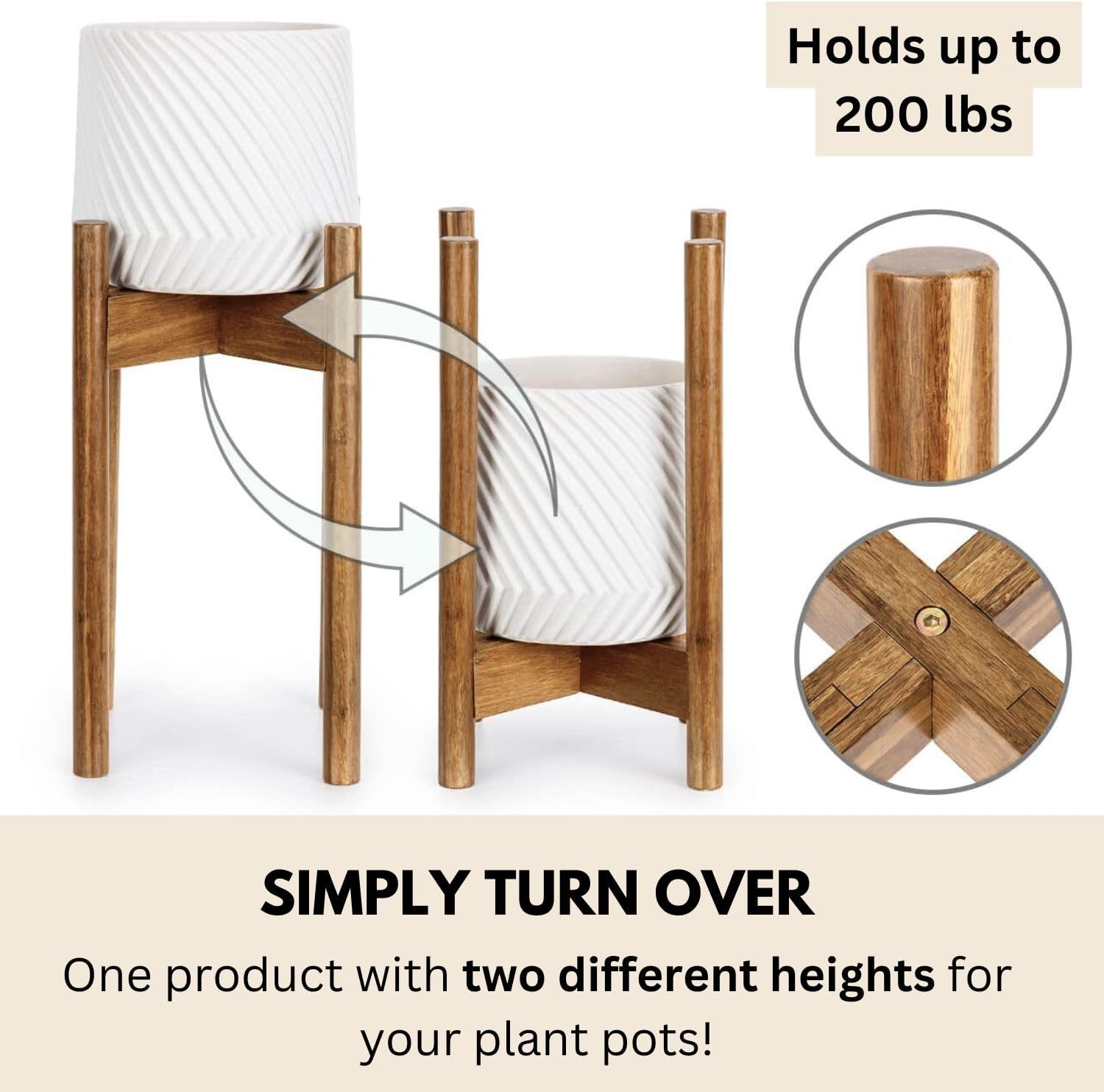 Fox & Fern Large Adjustable Plant Stand Indoor, Bamboo Stand, 8 - 12 Inch | Plug In Design, Holds 200 lbs, Two Heights