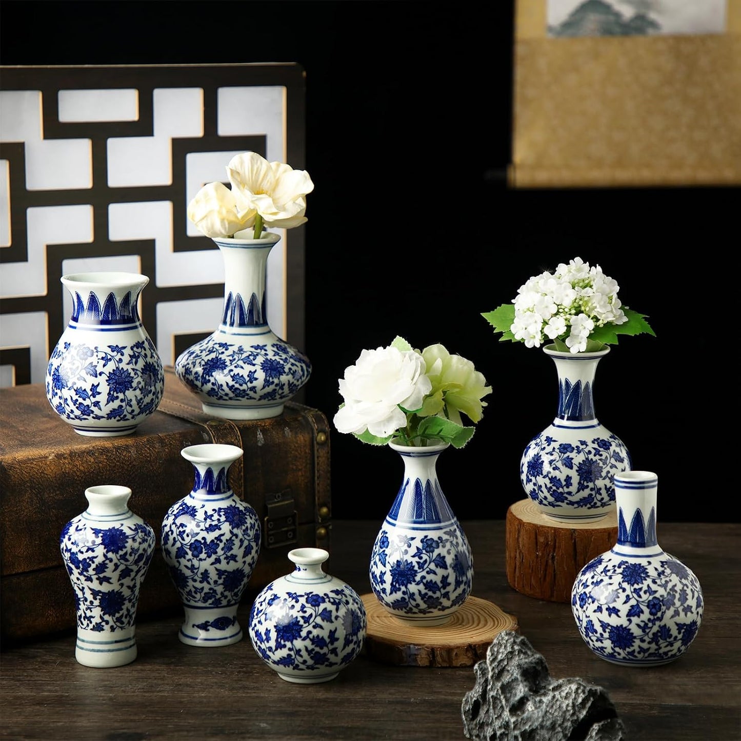 Mini Chinoiserie Bud Vases Ceramic and White Floral Chinese Porcelain / Elegant / Blue / Set of 8