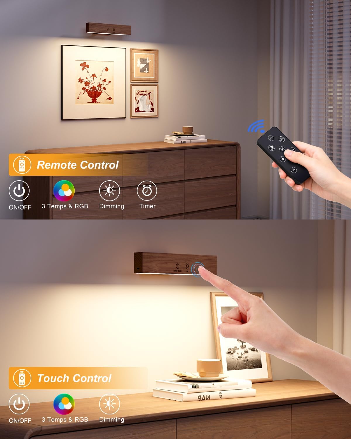 Rechargeable Wood Wall Sconce (2 Pack) with Remote & Touch, 5200mAh Battery Operated Wall Lights with 3 Color
