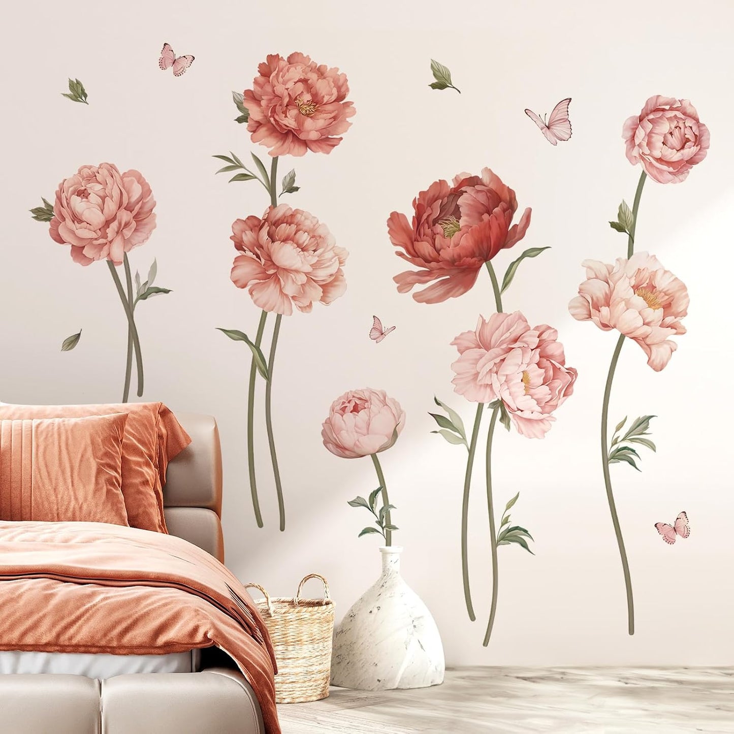 Peony Rose Flower Wall Stickers Boho Floral Peel and Stick Wall Art Decals for Girls Bedroom / Pink