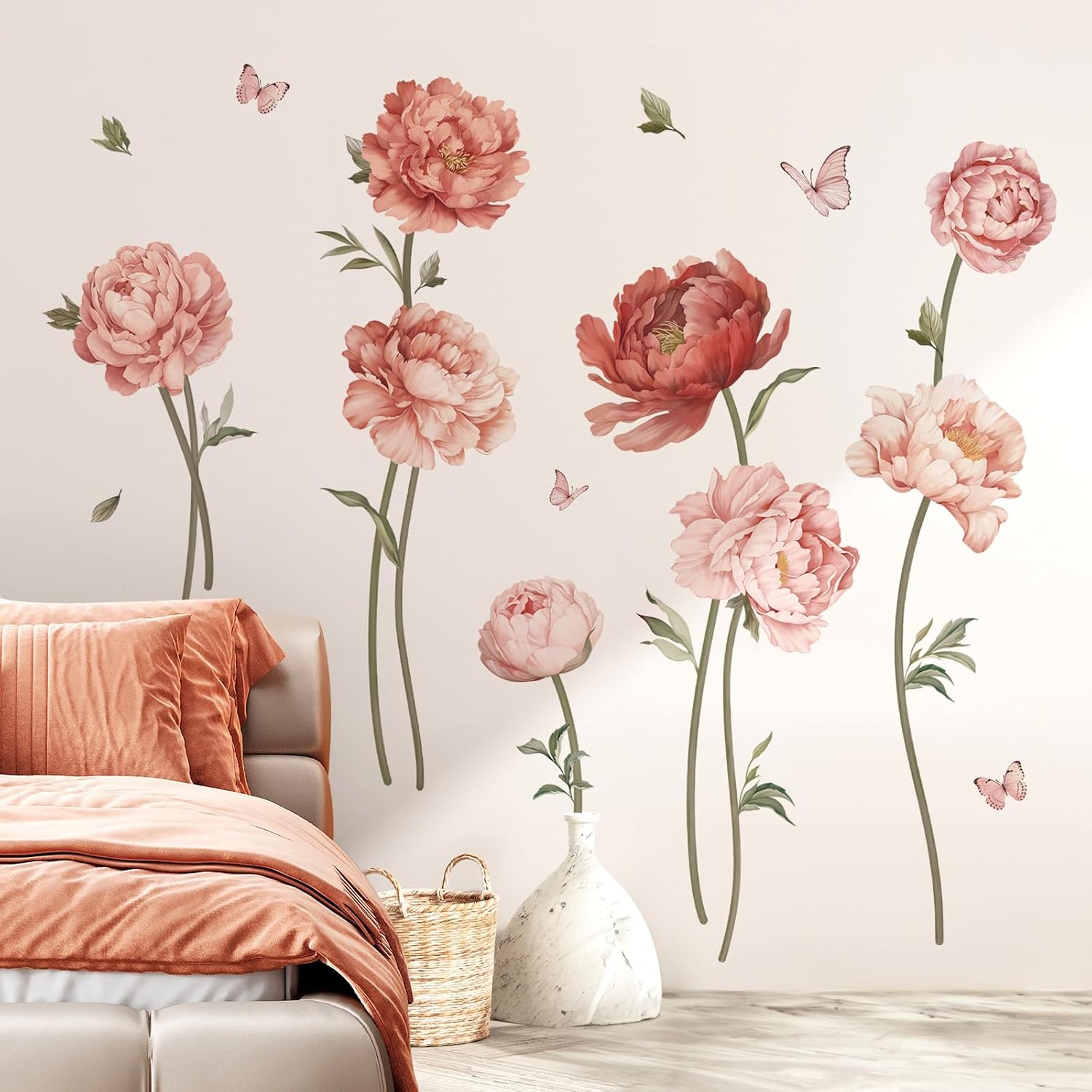Peony Rose Flower Wall Stickers Boho Floral Peel and Stick Wall Art Decals for Girls Bedroom / Pink