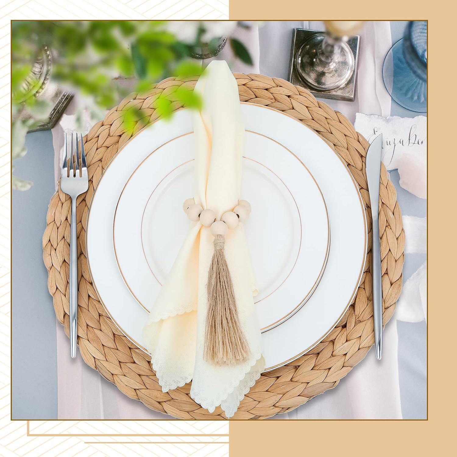 Gejoy 18 Pcs Boho Woven Placemat Wood Bead Napkin Ring with Dinner Napkin | 13.8 Inch Round Water Hyacinth Placemat