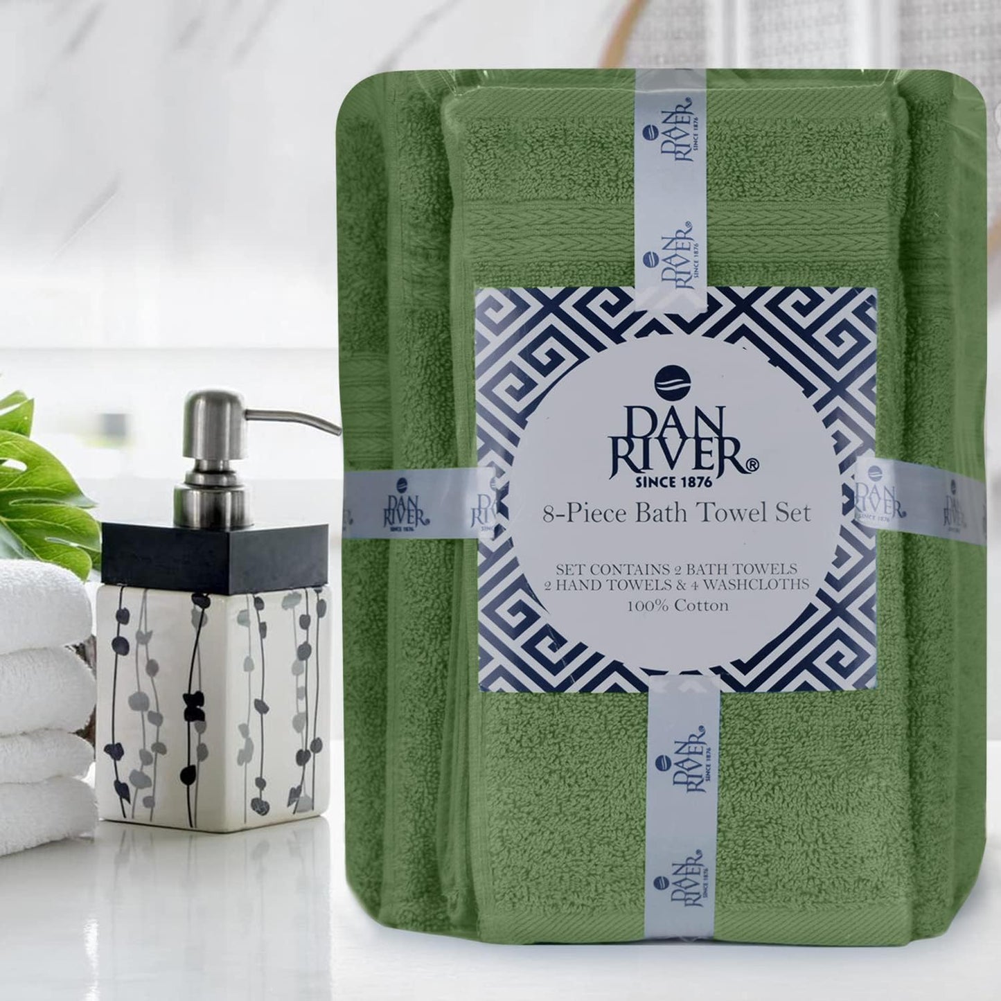 DAN RIVER 8 Piece Luxury Bath Towels for Bathroom, Towel Set, Sage Green | 2 Bath towels, 2 Hand towels, and 4 Wash