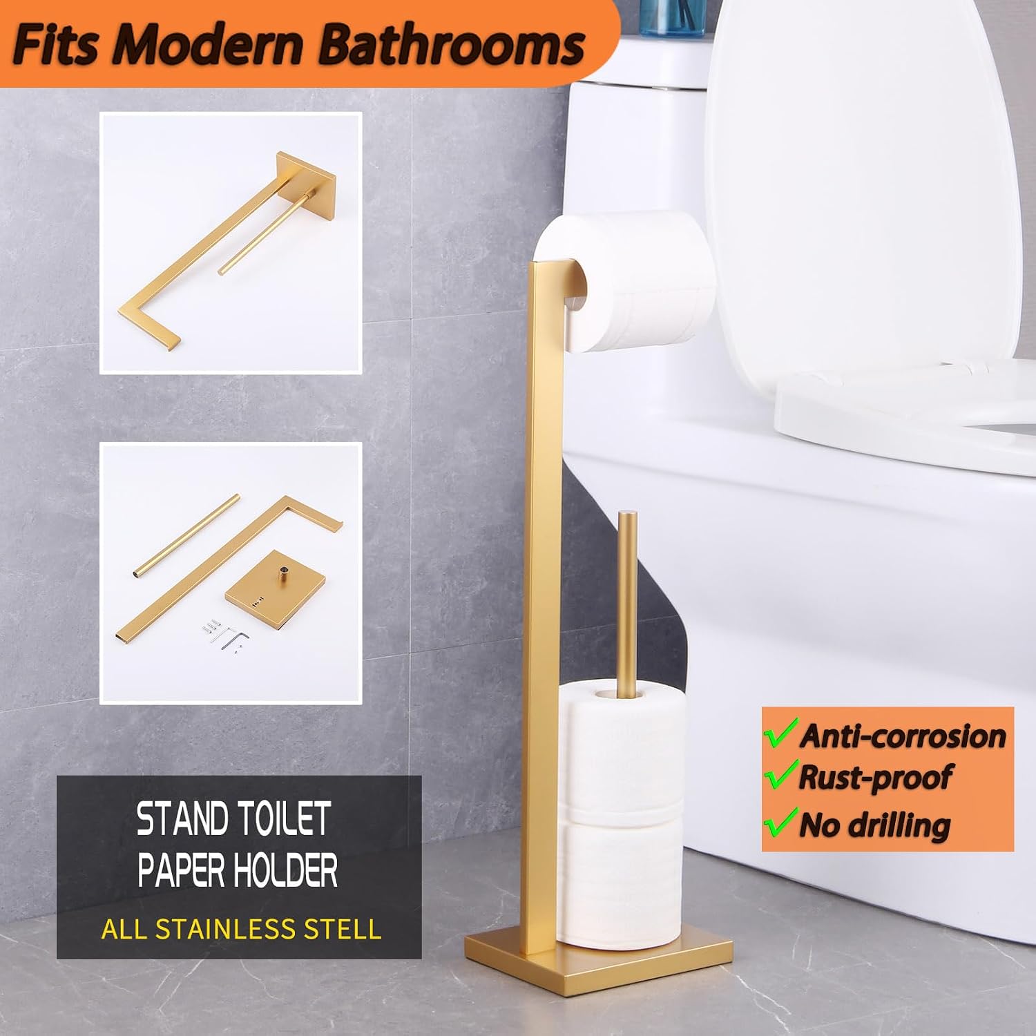 GERZWY Gold Toilet Paper Holder Free Standing with Reserve Stainless Steel Tissue Roll Holder Floor Stand Storage