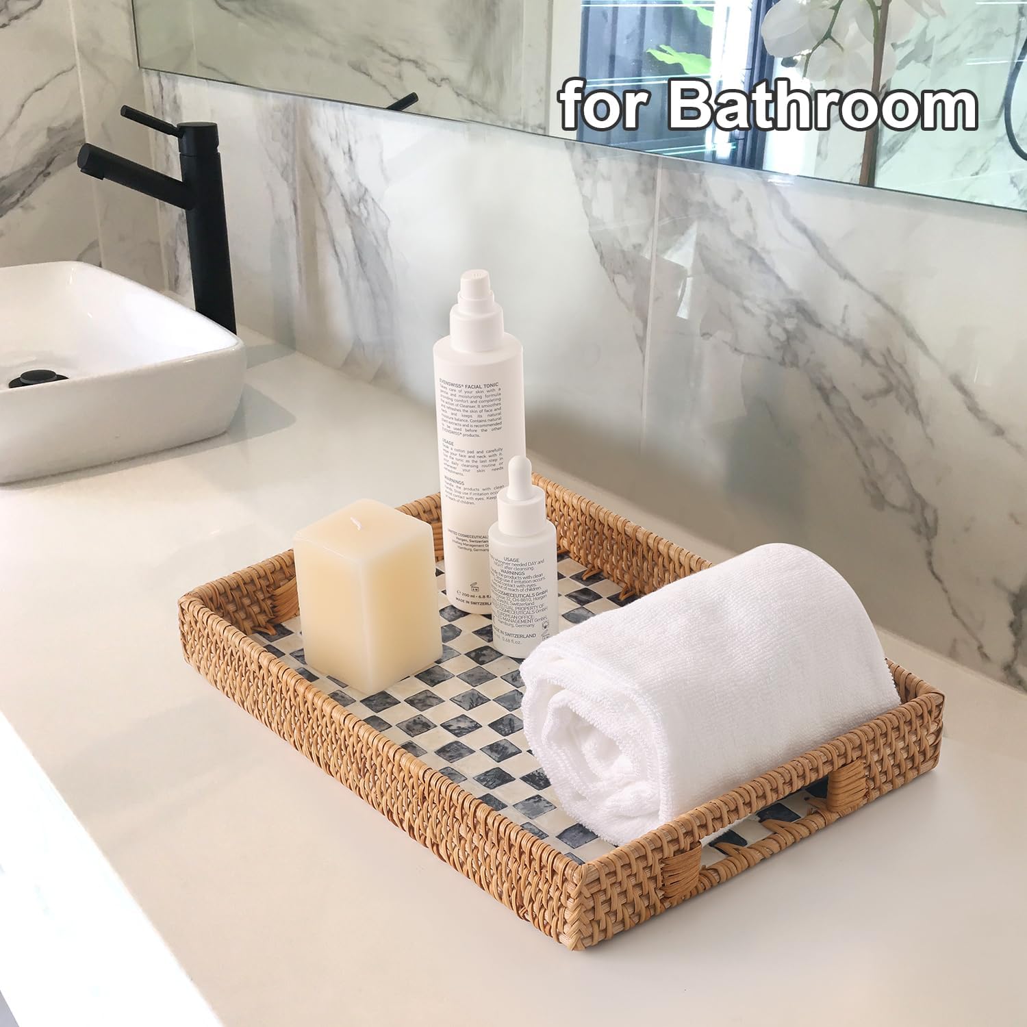 Rattan Serving Tray / Black Checkerboard