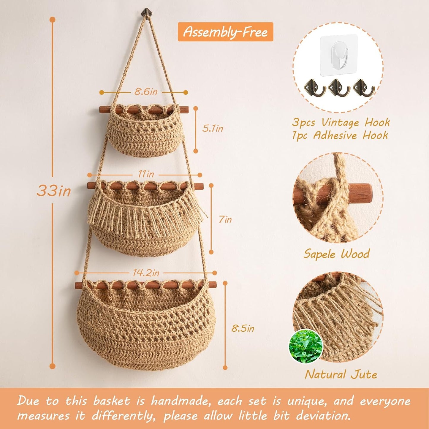 Handmade Woven Wall Hanging Baskets for Organizing / Jute