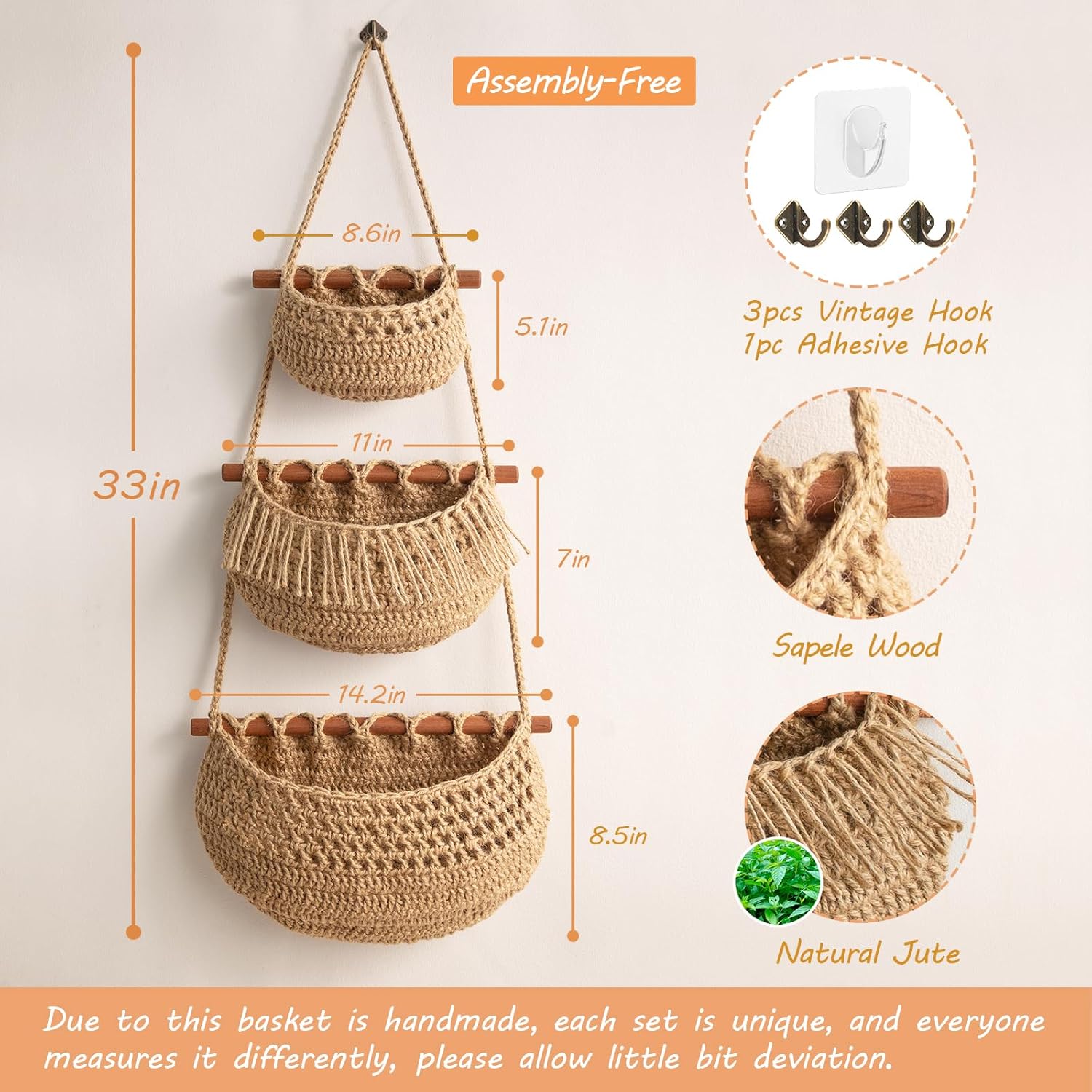 Handmade Woven Wall Hanging Baskets for Organizing / Jute