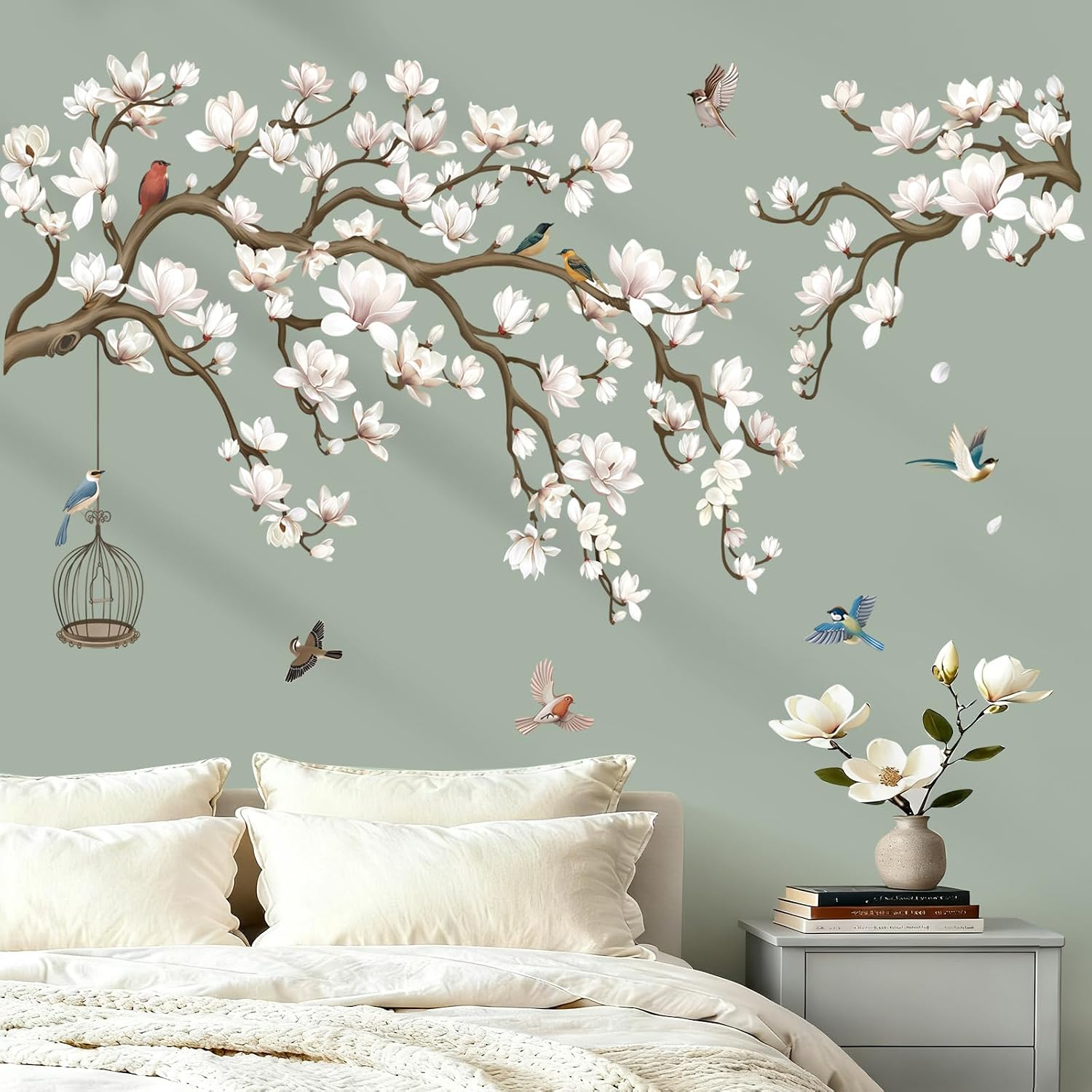 Magnolia Flowers Tree Branch Wall Stickers Floral Birds Peel and Stick Wall Art Decals / White