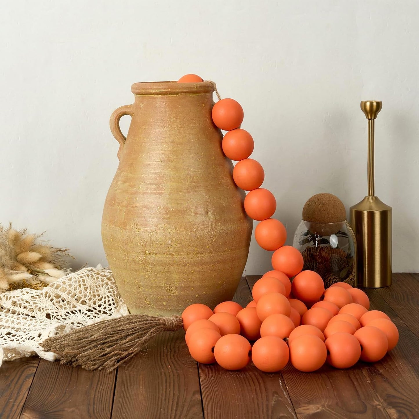 76" Long Large Wood Bead Garland / 8 Orange / 76 Inches