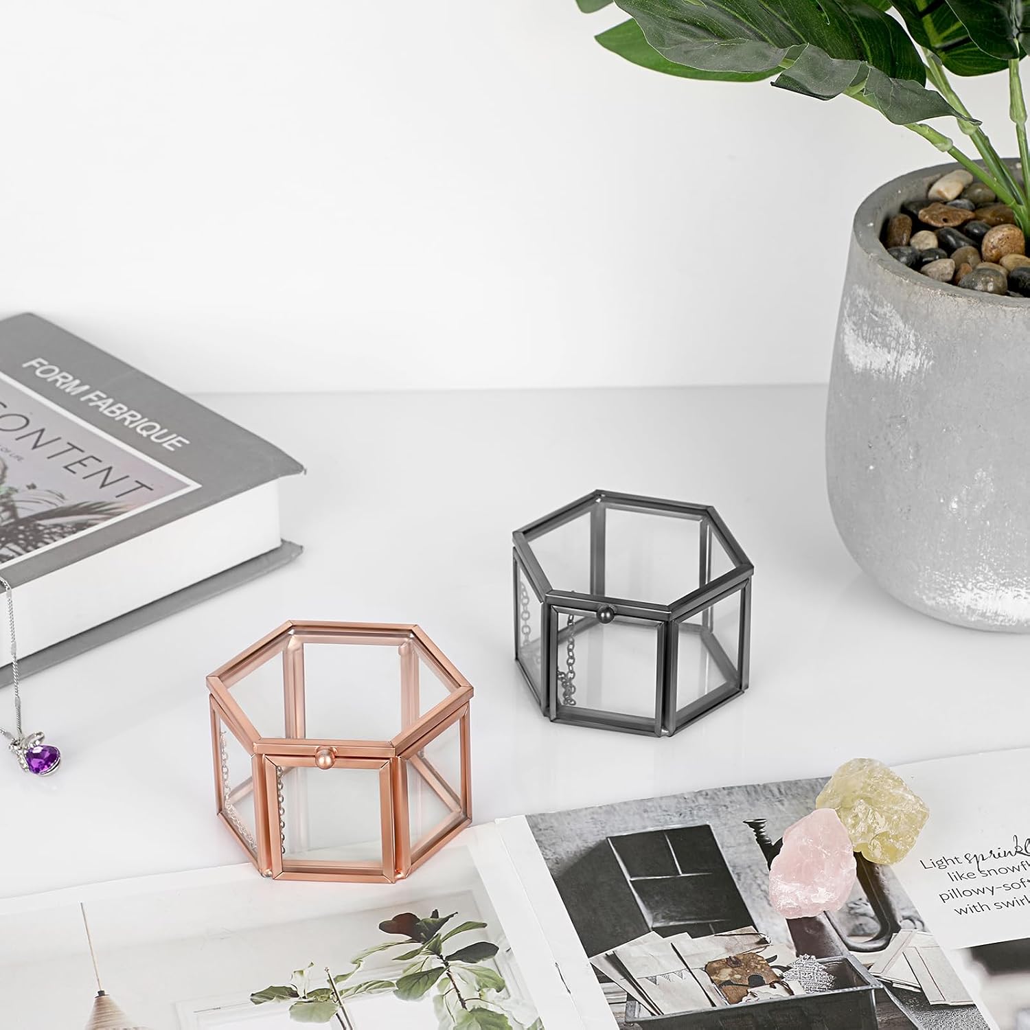 Hexagonal Jewelry Display Organizer Keepsake Box Home Decorative Box Case / Small / Black