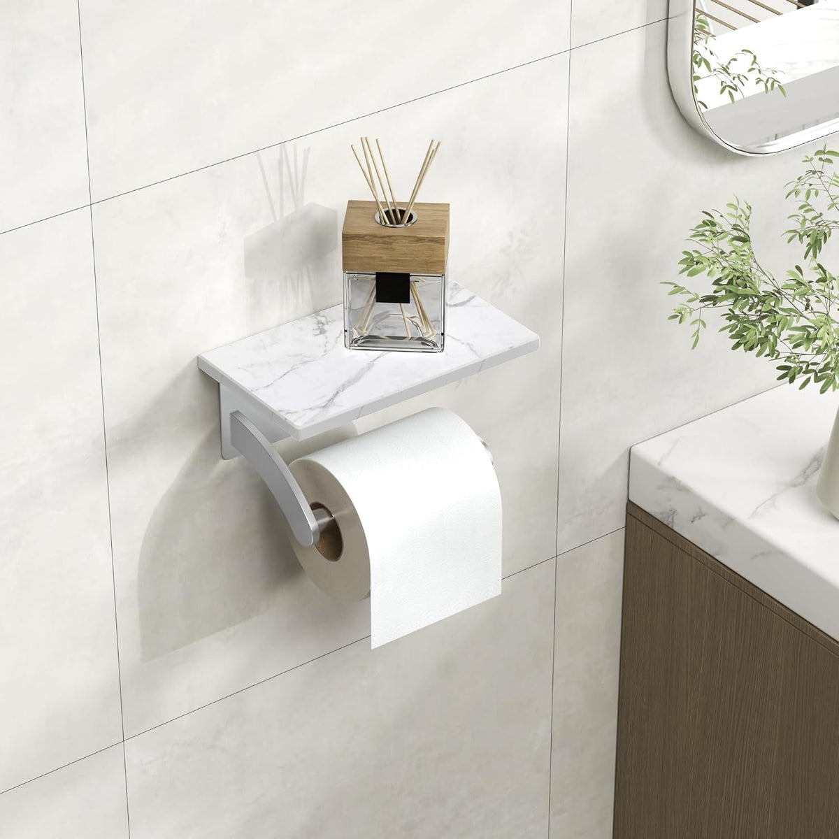 FORIOUS Toilet Paper Holder with Shelf, Natural Marble, Commercial | Brushed Nickel, Wall Mount 304 Stainless Steel