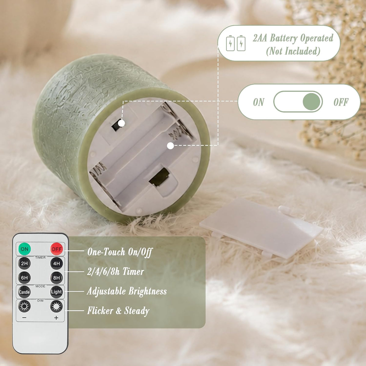 Olive Green Flameless Pillar Candles, 3 x 3 Inch, 3 Pack with Remote | Battery operated candles with remote and timer