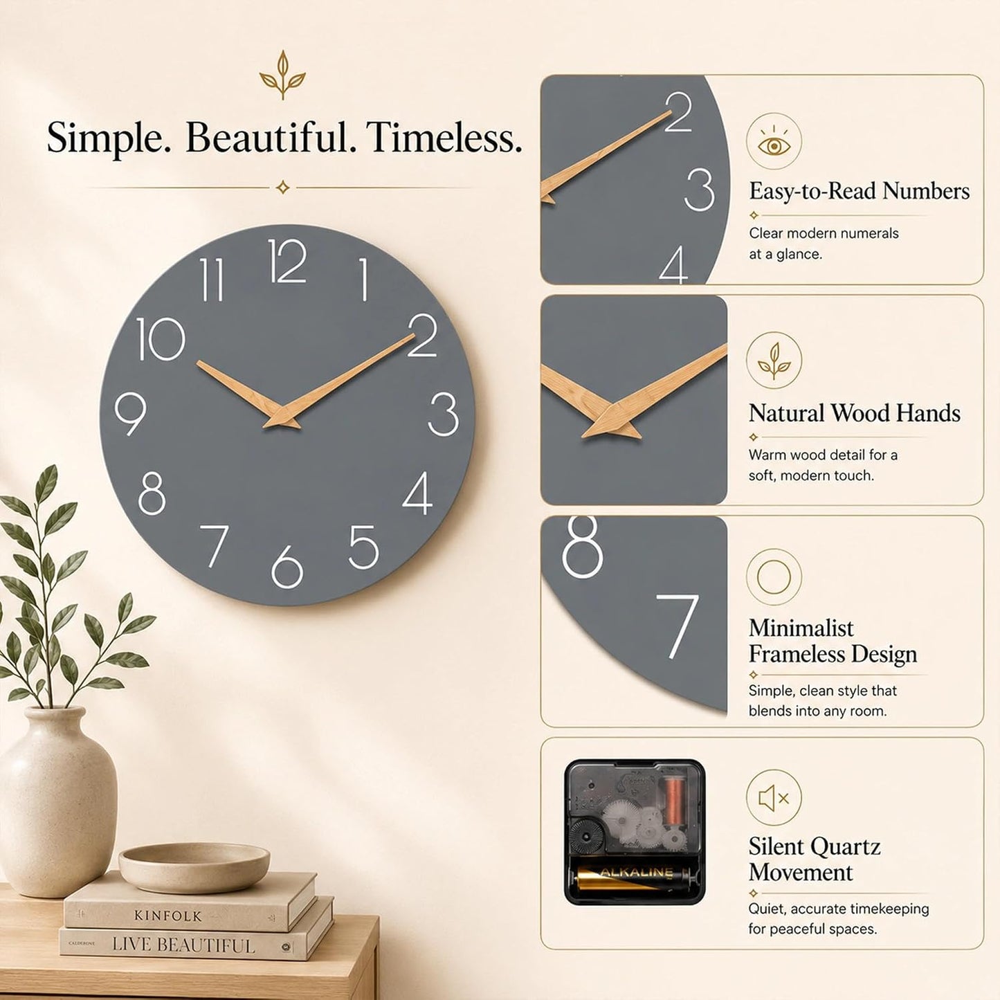 cicininc 16 Inch Battery Operated Wall Clock, Silent Analog, Gray | Large Size | Living Room | Office | Kitchen