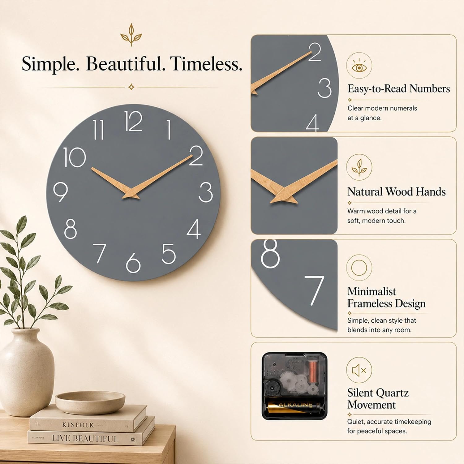 cicininc 16 Inch Battery Operated Wall Clock, Silent Analog, Gray | Large Size | Living Room | Office | Kitchen