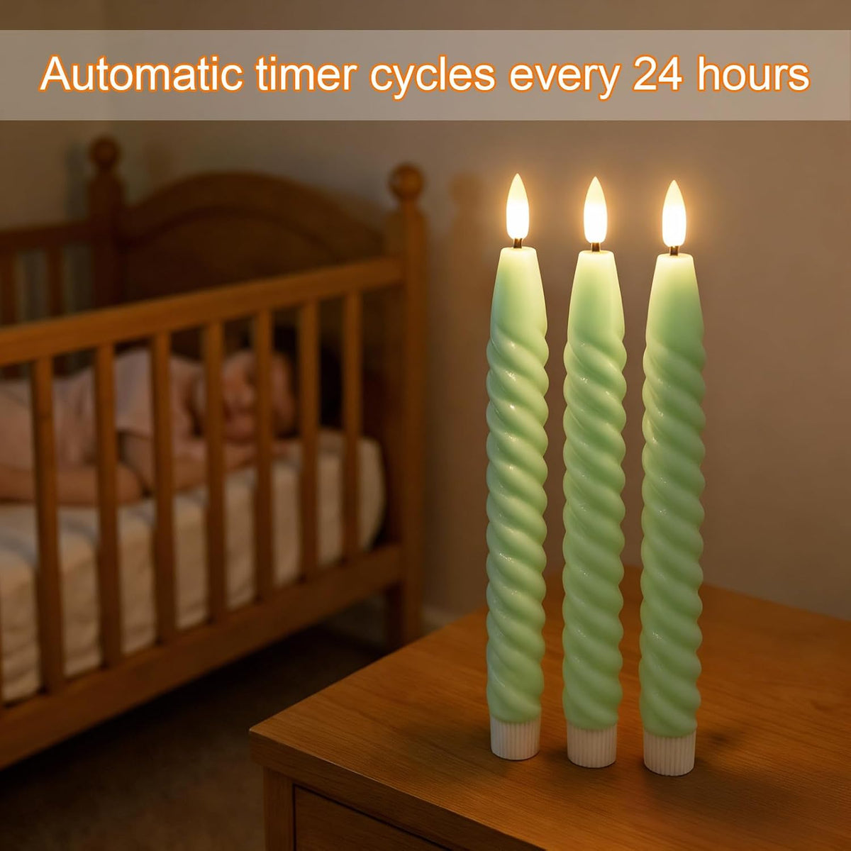 Green Flameless Taper Candles Flickering with Remote Timer | LED Spiral Taper Candles, Flameless Candlesticks, Battery