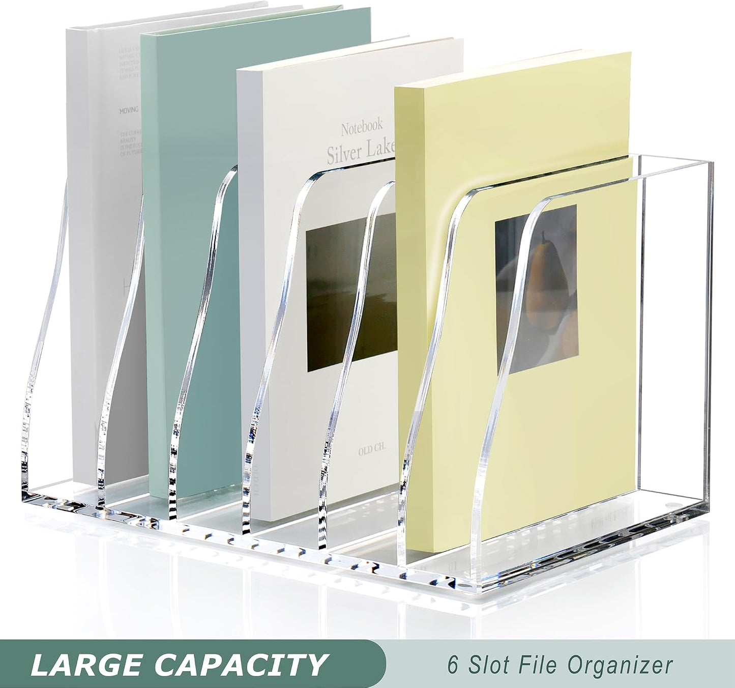SANRUI Acrylic Magazine File Holder, 6 Vertical Compartments Desk Document Sorter Organizer, Clear Folder Rack Binder