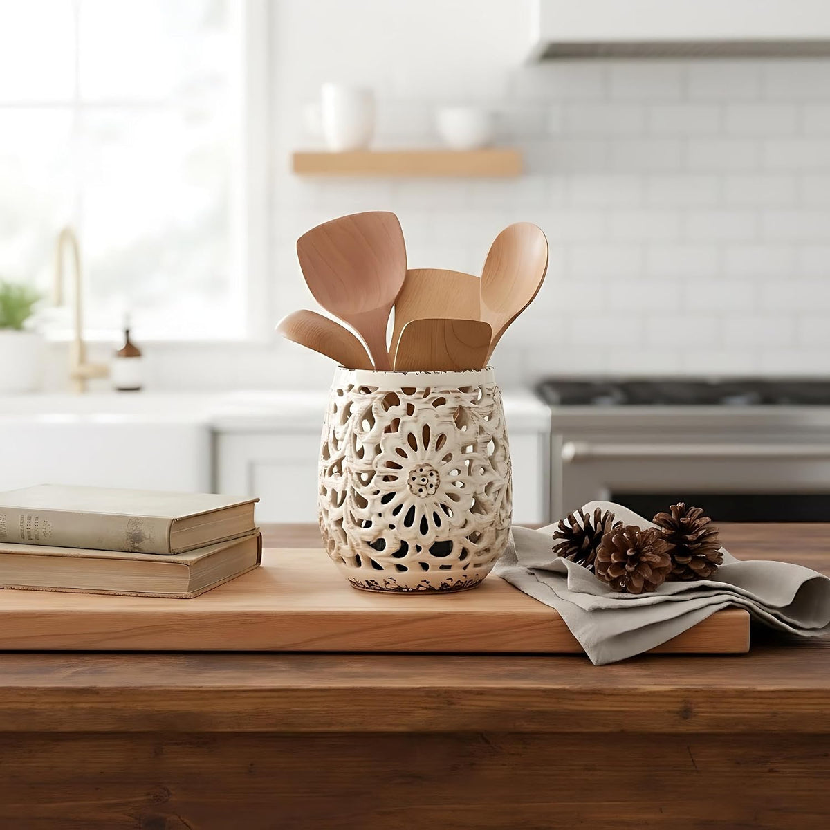 Farmhouse Kitchen Utensil Holder for Kitchen Counter, Ceramic Large Cooking Utensil Crock with Cork Mat, Countertop