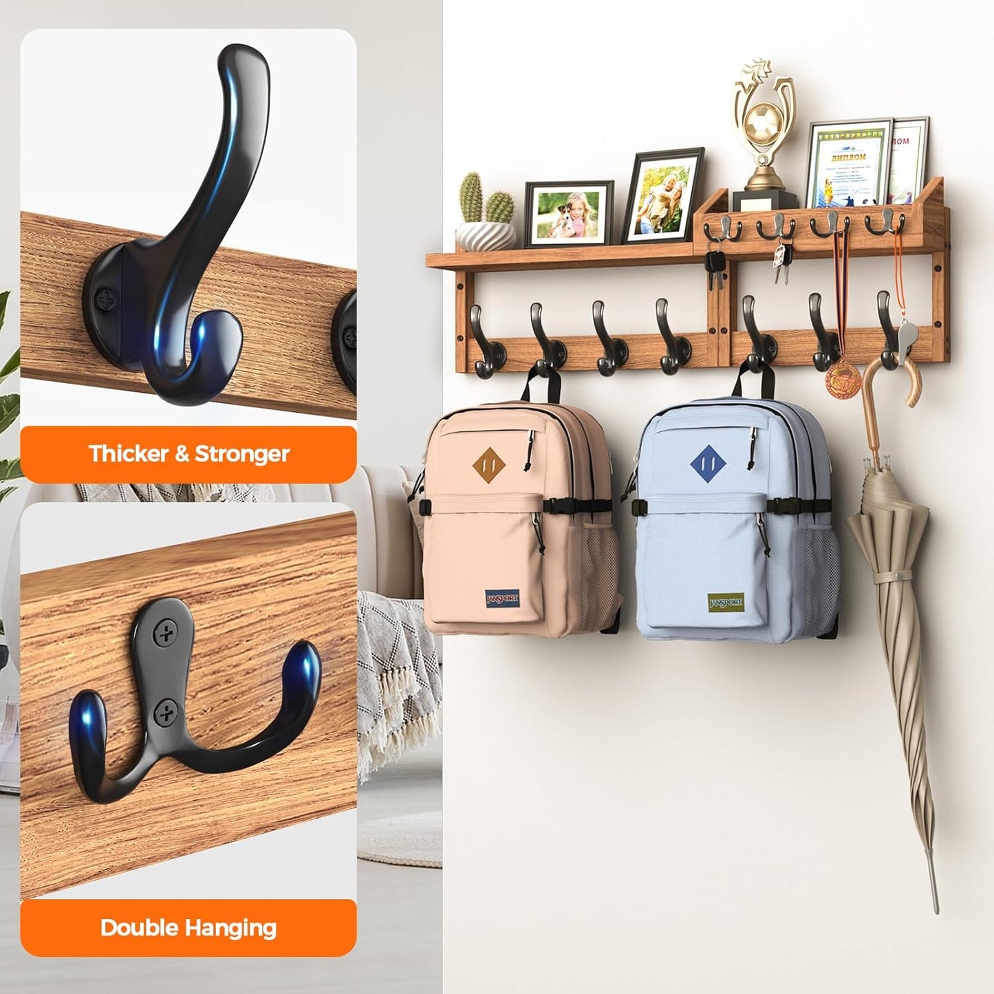 11 Hooks / Coat Rack Wall Mount / Brown / 29 Inch / 4 Inch