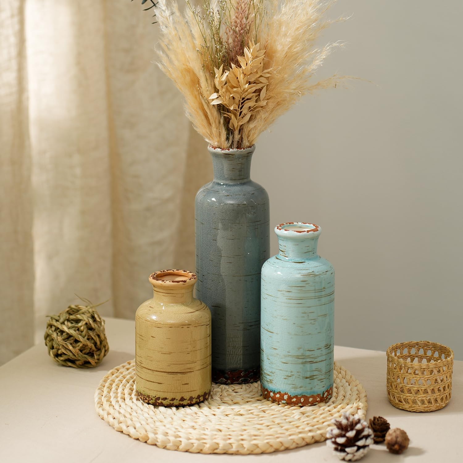 Rustic Farmhouse Vase / 107-gray Blue Stripe / Set of 3