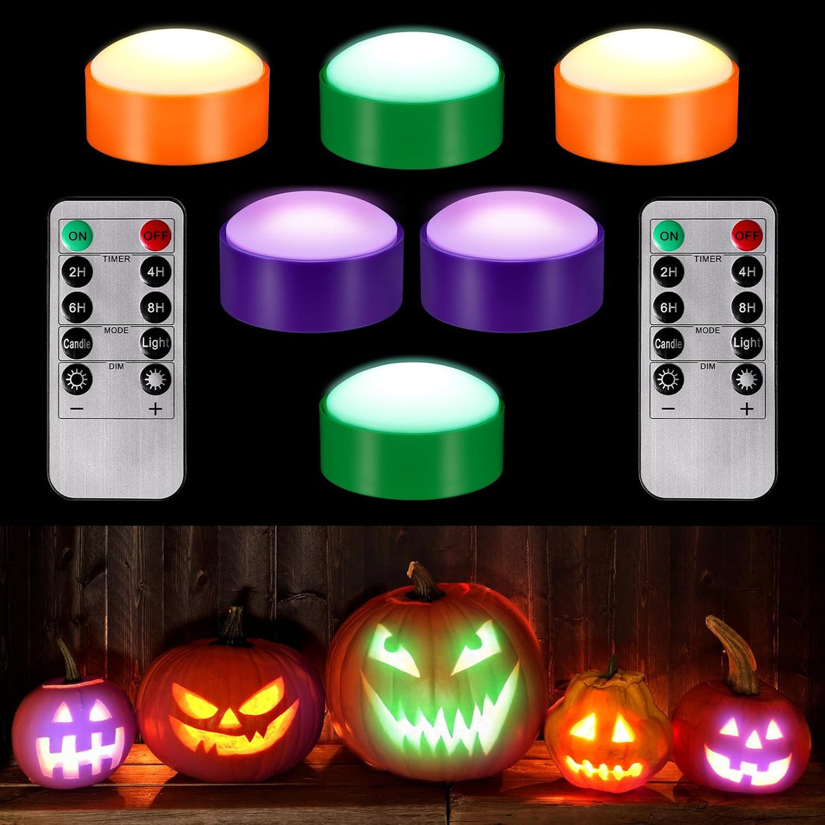 Riakrum 6 Pack Halloween Pumpkin LED Lights, Green, Orange, Purple