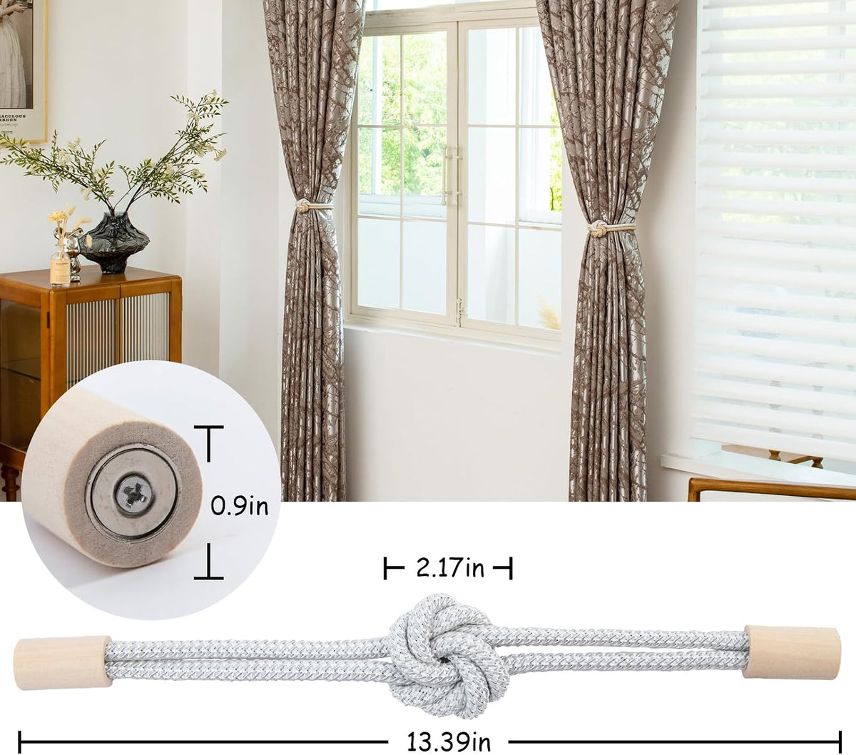 Magnetic Curtain Tiebacks Holdbacks Rope Curtain Tie Backs Outdoor Contoeey | 8 Pack White Wood Magnetic Curtain