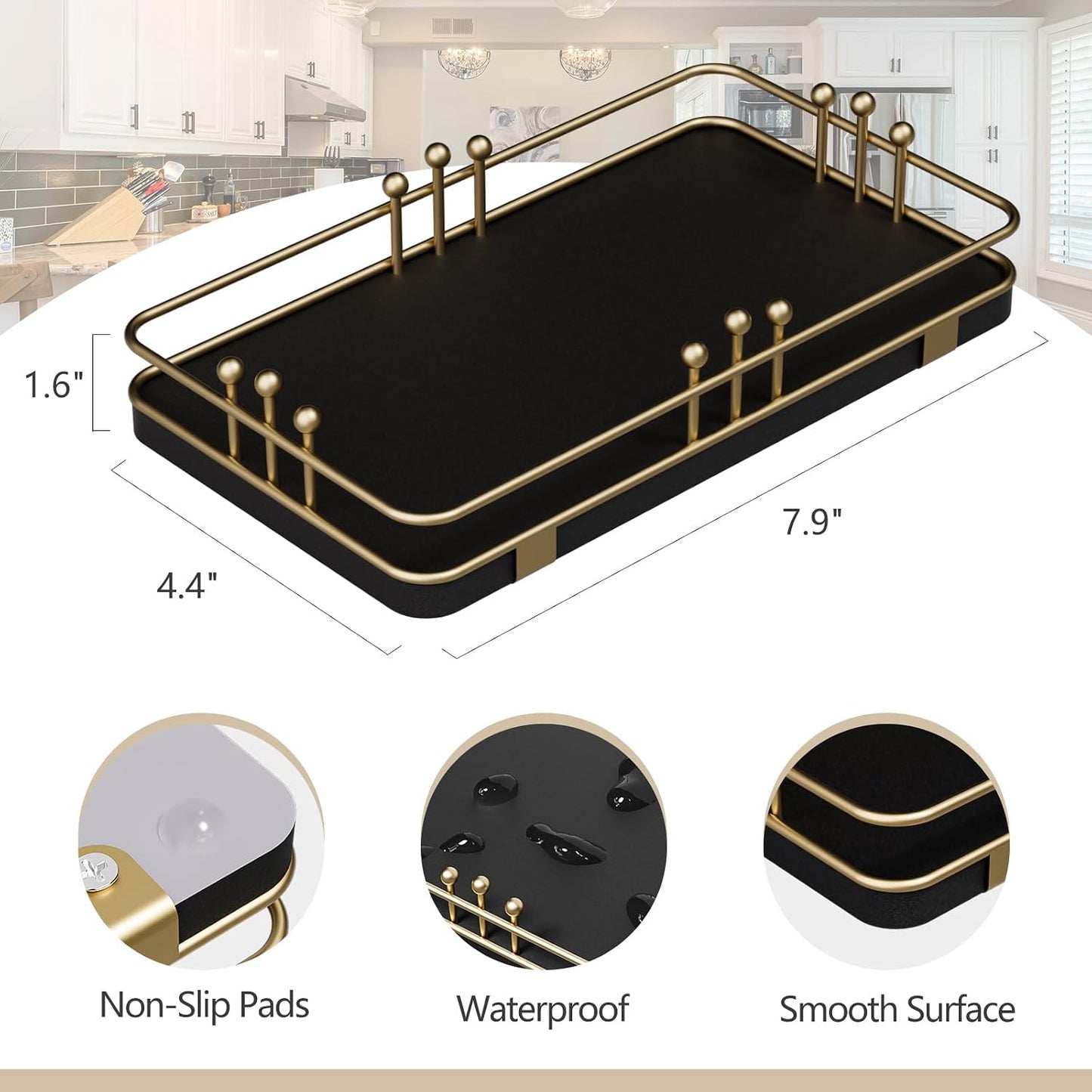 Kitchen Tray for Soap Dispenser Spice Salt / 7.9 x 4.4 x 1.6 / Black + Gold
