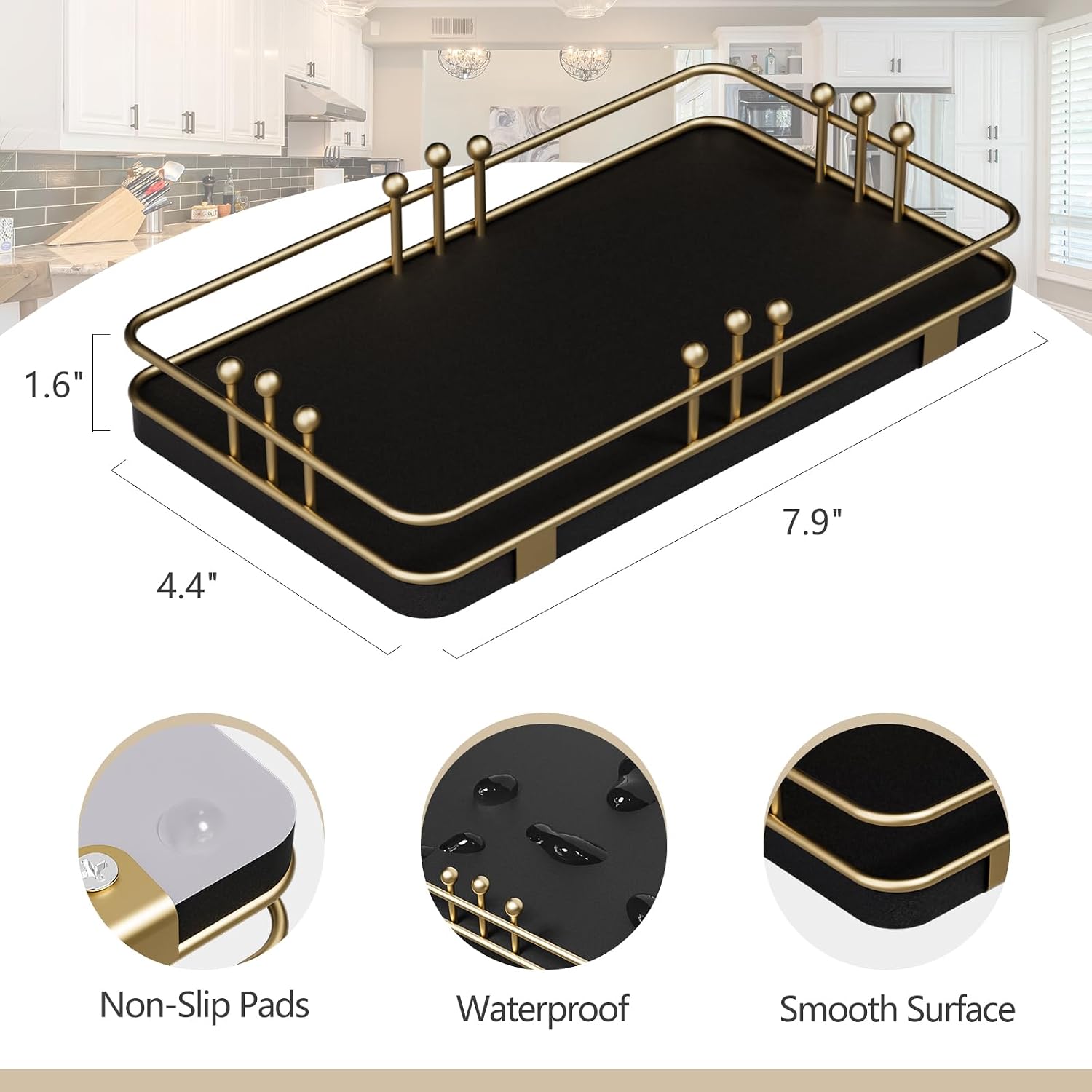 Kitchen Tray for Soap Dispenser Spice Salt / 7.9 x 4.4 x 1.6 / Black + Gold