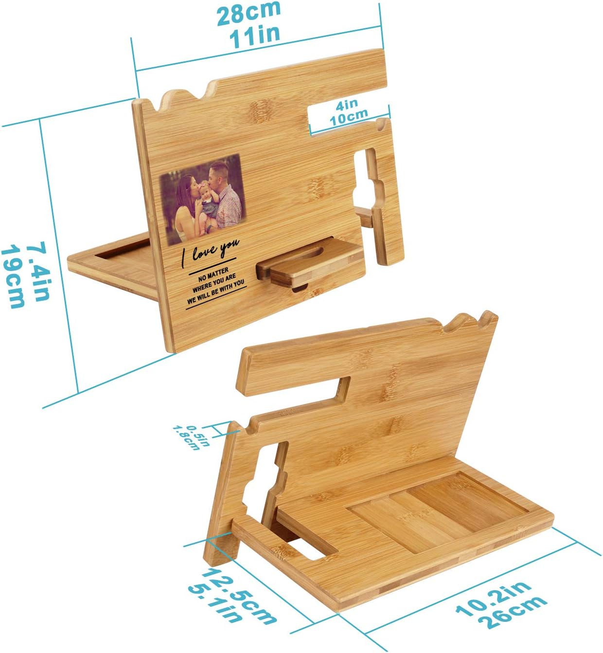 Gifts For Men - Wood Phone Docking Station Personalized - Engraved Nightstand Organizer With Phone Stand, Photo Holder