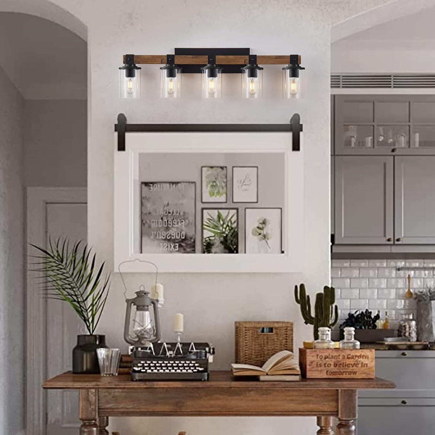 DUJAHMLAND Farmhouse Vanity Lights, 5-Light Wood Bathroom Wall Lighting with Clear Glass, Industrial Metal Wall Sconce