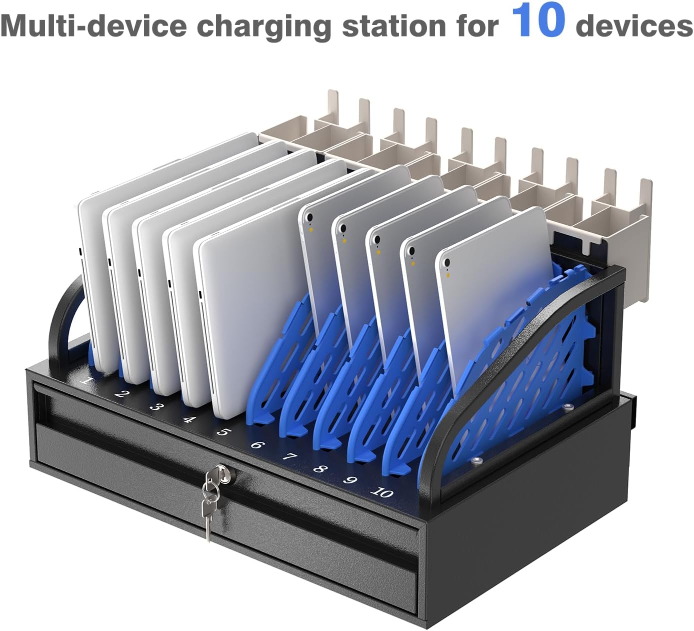 POCHAR 10-Device Open Charging Station for Chromebooks, iPads & Tablets | Heavy-Duty Steel Charging Rack with Lockable