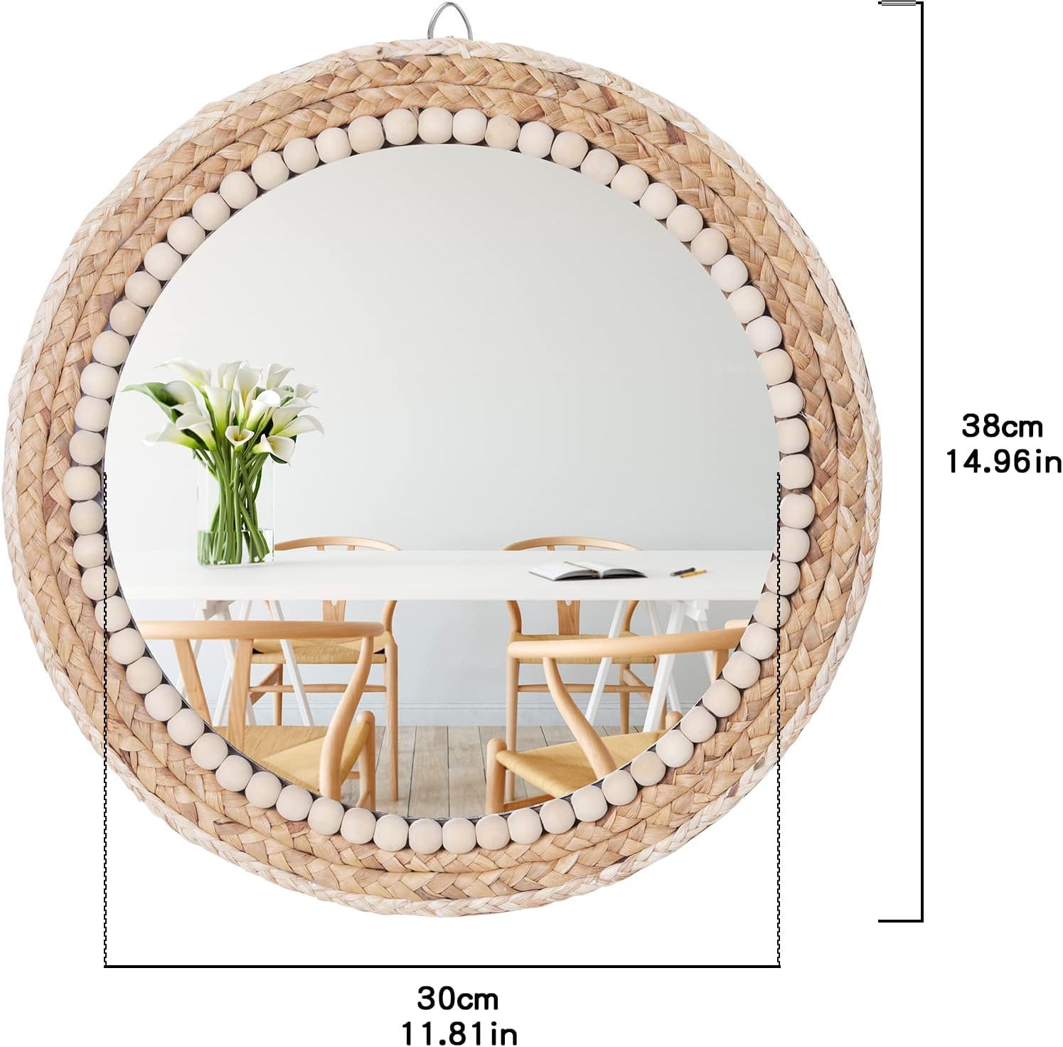 Boho Round Hanging Wall Mirror Decorative Rattan Circle Mirrors / 15 Inch Wood / 15 Inch