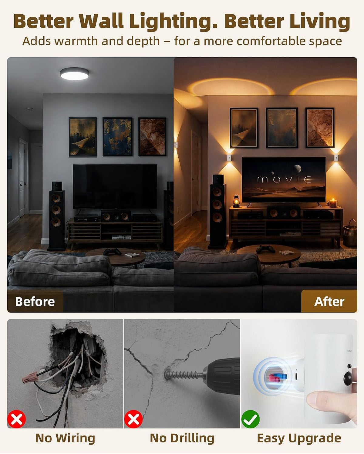 EZVALO Battery Operated Wall Sconce with Motion Sensor, 4000mAh Rechargeable Wall Light, 3 Color Temperatures & 12 RGB